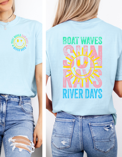 BOAT WAVES SUN RAYS RIVER/LAKE DAYS GRAPHIC TEE  OR TANK