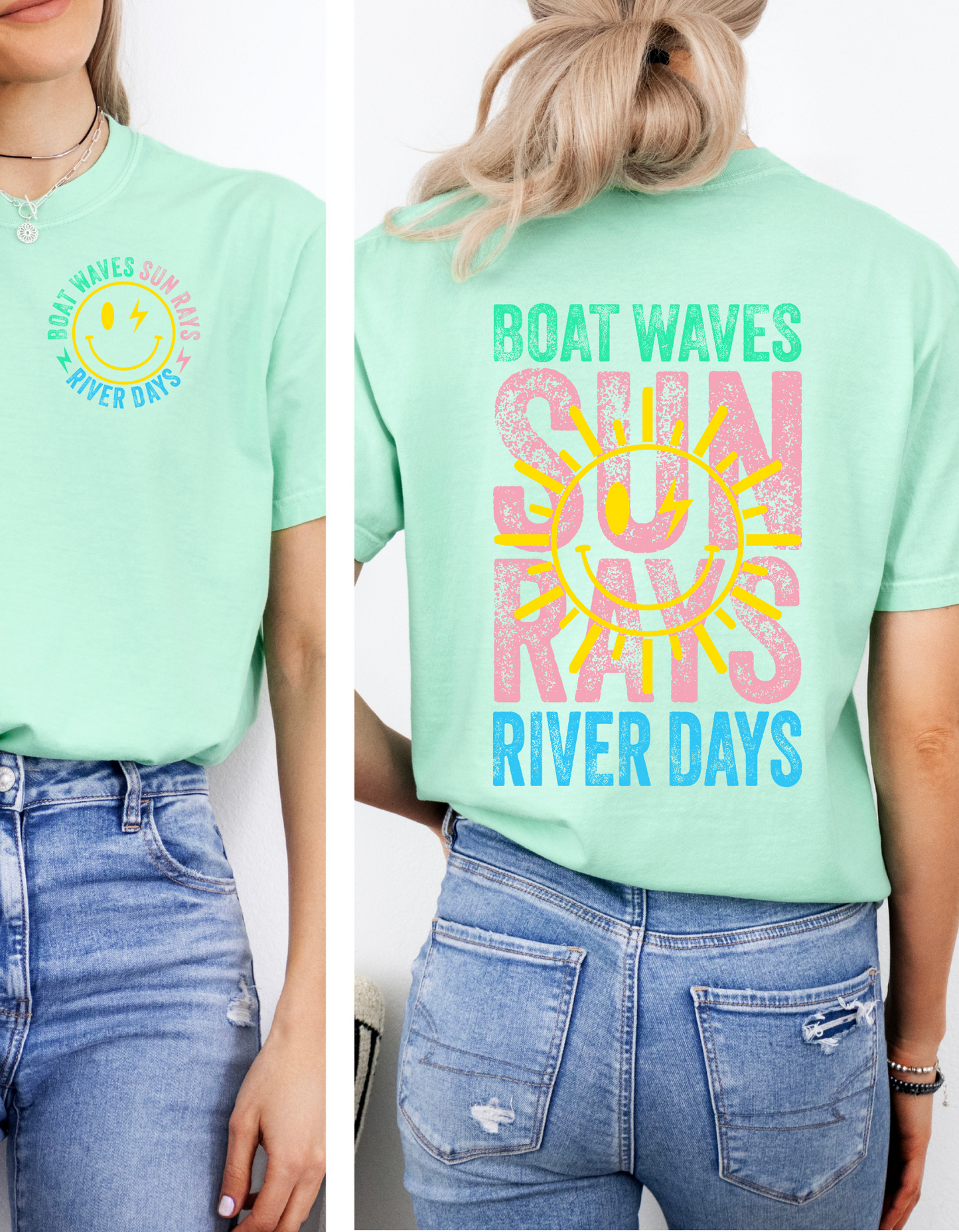 BOAT WAVES SUN RAYS RIVER/LAKE DAYS GRAPHIC TEE  OR TANK