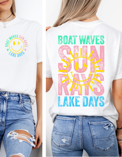 BOAT WAVES SUN RAYS RIVER/LAKE DAYS GRAPHIC TEE  OR TANK