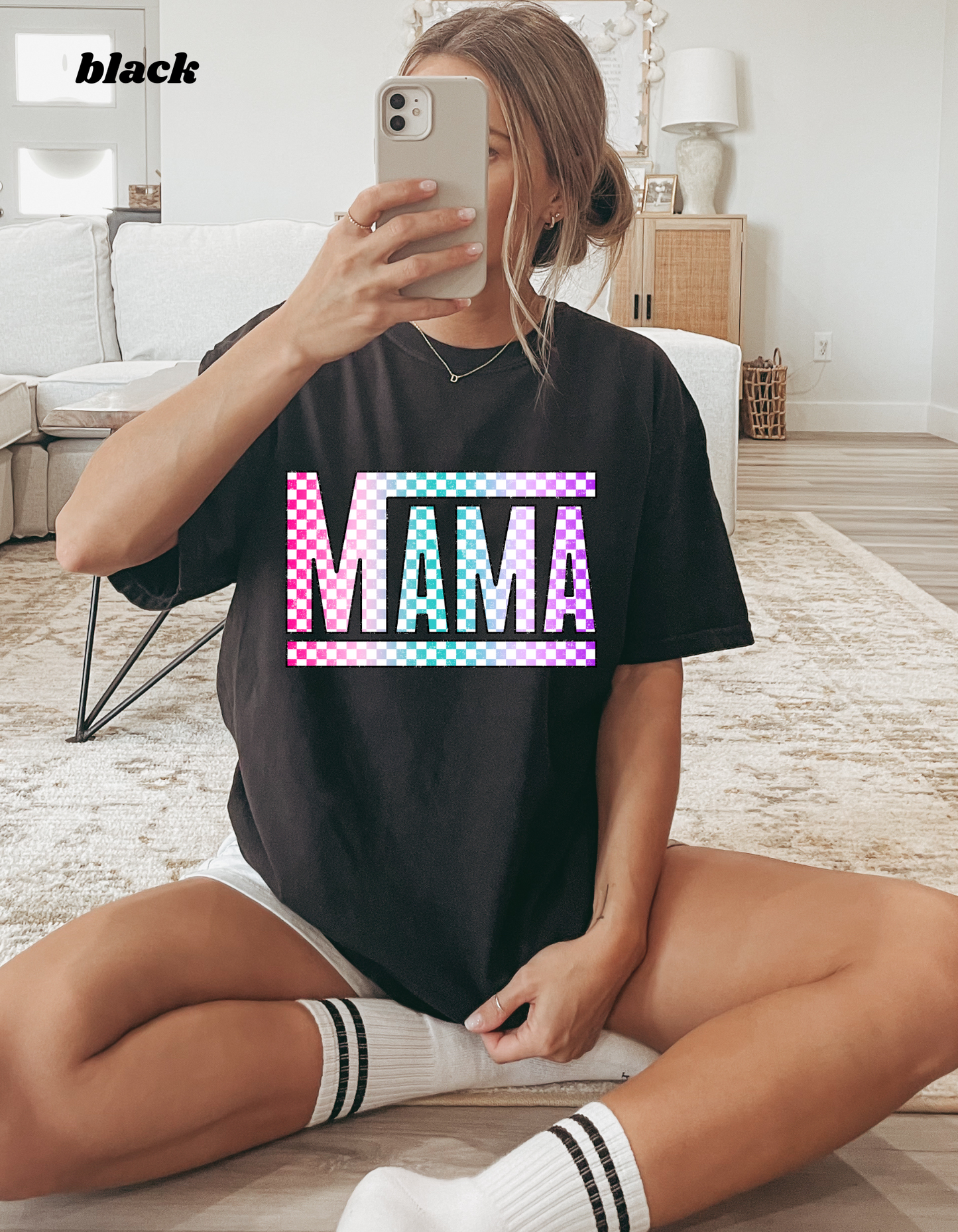 MAMA COLORFUL CHECKERED GRAPHIC TEE