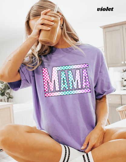 MAMA COLORFUL CHECKERED GRAPHIC TEE